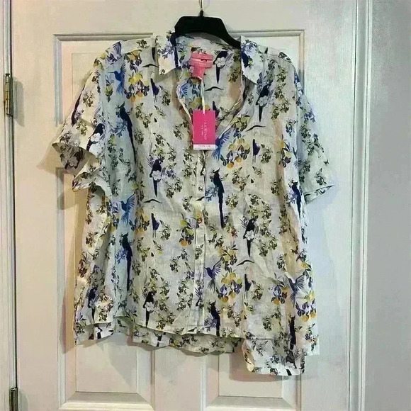 Isaac Mizrahi Women's 2XL Floral Linen Button-Up Shirt Multicolor - Picture 1 of 7